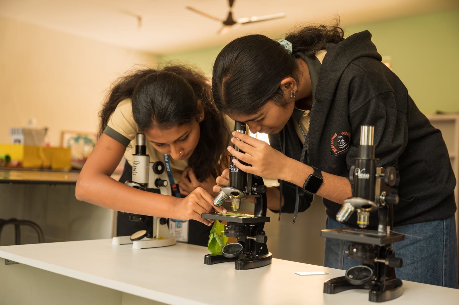 DAV students working with microscopes in the science lab